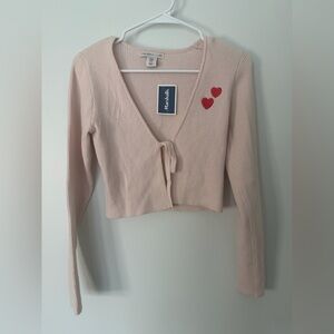 SINCERELY JULES Soft Tie Cardigan Cropped Sweater w/ Red Heart Embroidery